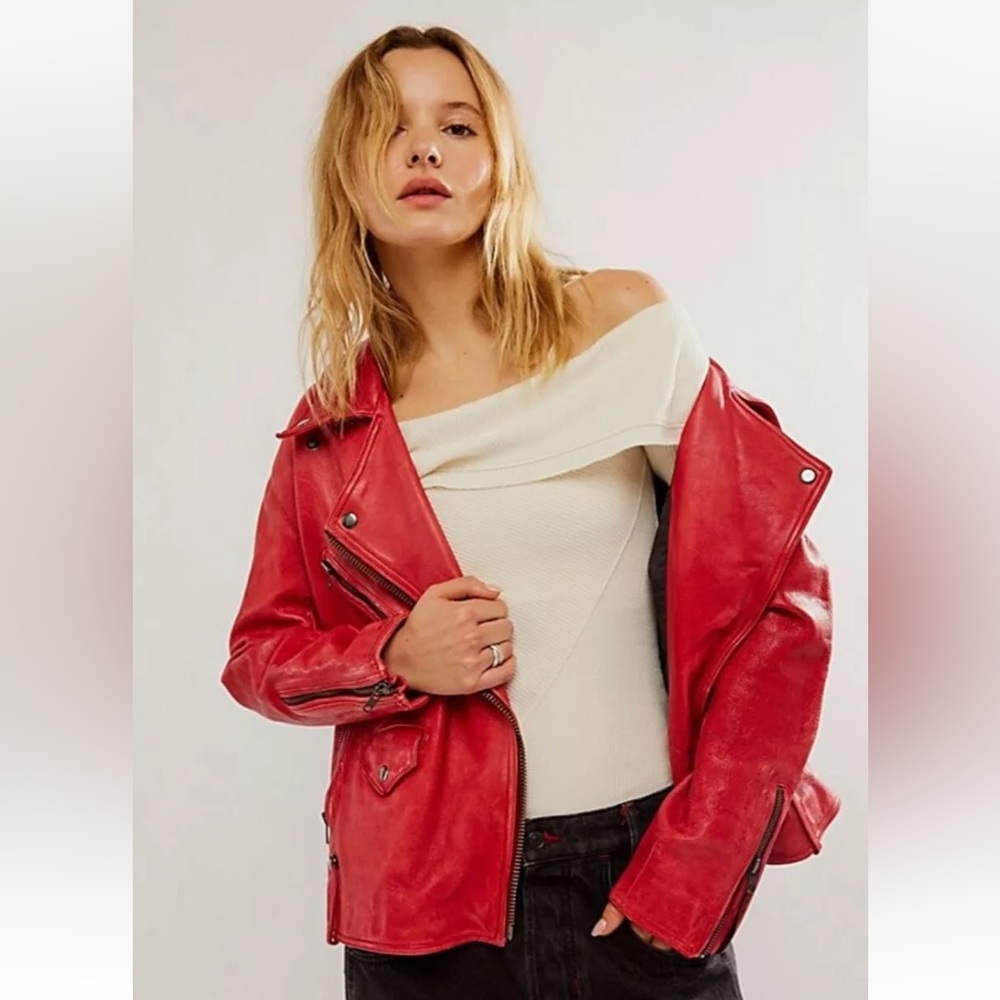 Free People We The Free Jealousy Leather Moto Jacket Shaded Red